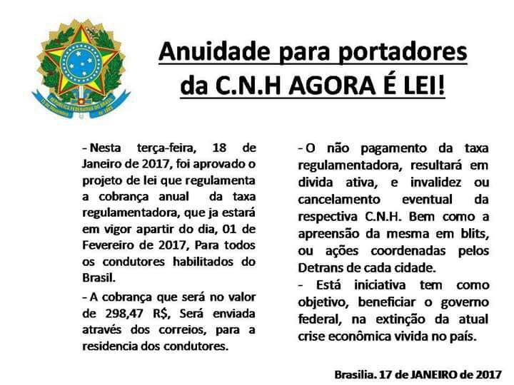 Boato: lei que institui anuidade para portadores de CNH não é real